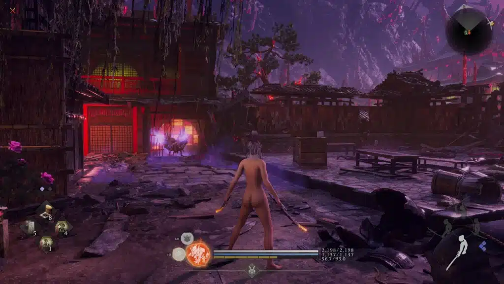 Nioh 3 nude mod gameplay exploring dark village area with enemies nearby