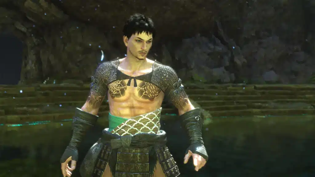 Male character version of Ferryman robes mod in Nioh 3 fantasy forest setting