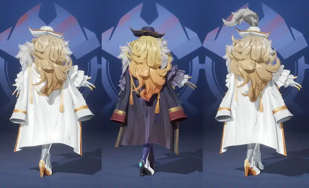 Emma Frost Bright Buccaneer mod back view hair and coat detail Marvel Rivals