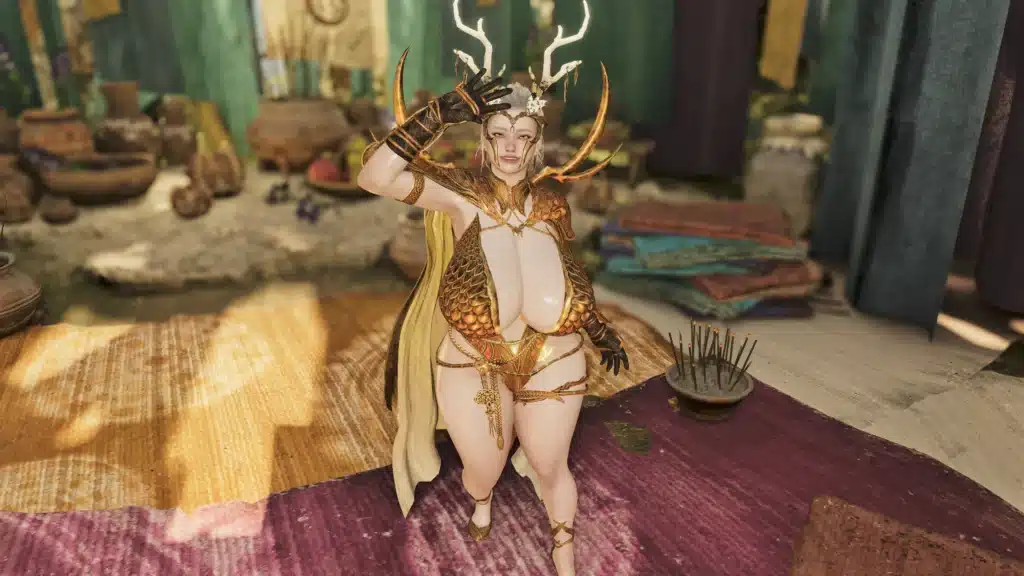 Monster Hunter Wilds Sorceress Laufey NSFW mod in game environment with fantasy armor set