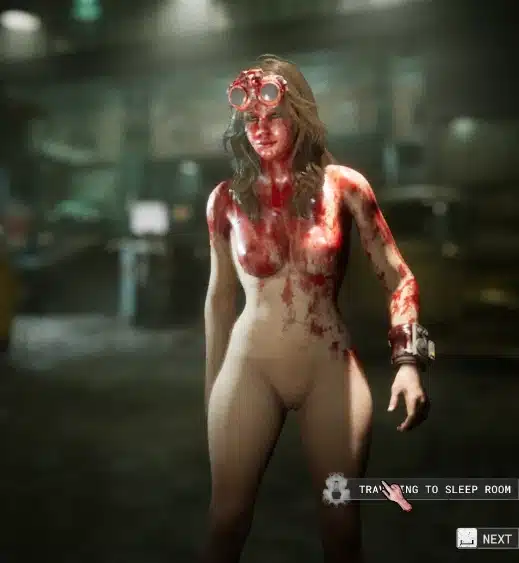 Female reagent covered in blood using nude body mod in The Outlast Trials