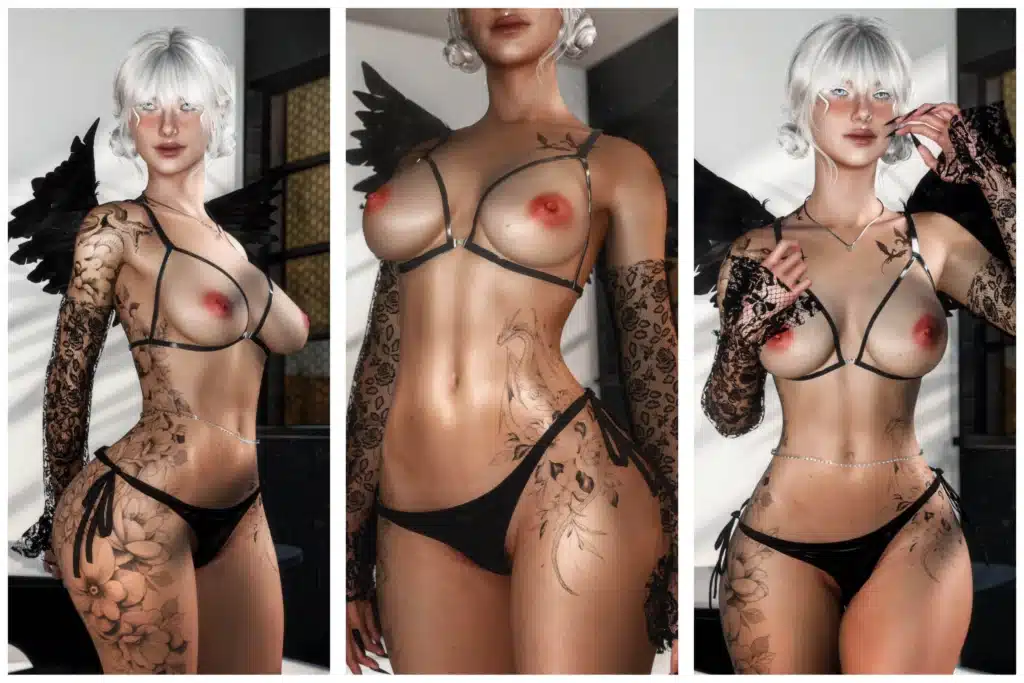Black Doll Bra mod variant with tattoos and wings in Cyberpunk 2077