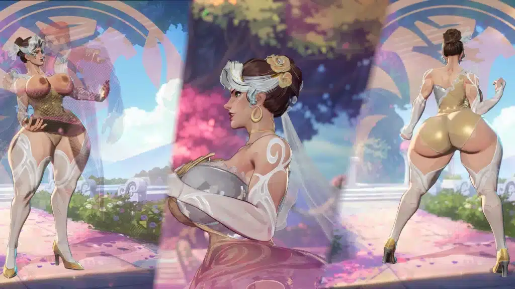 Thicc Rogue Mrs X NSFW mod alternate bridal pose in Marvel Rivals with fantasy environment and veil