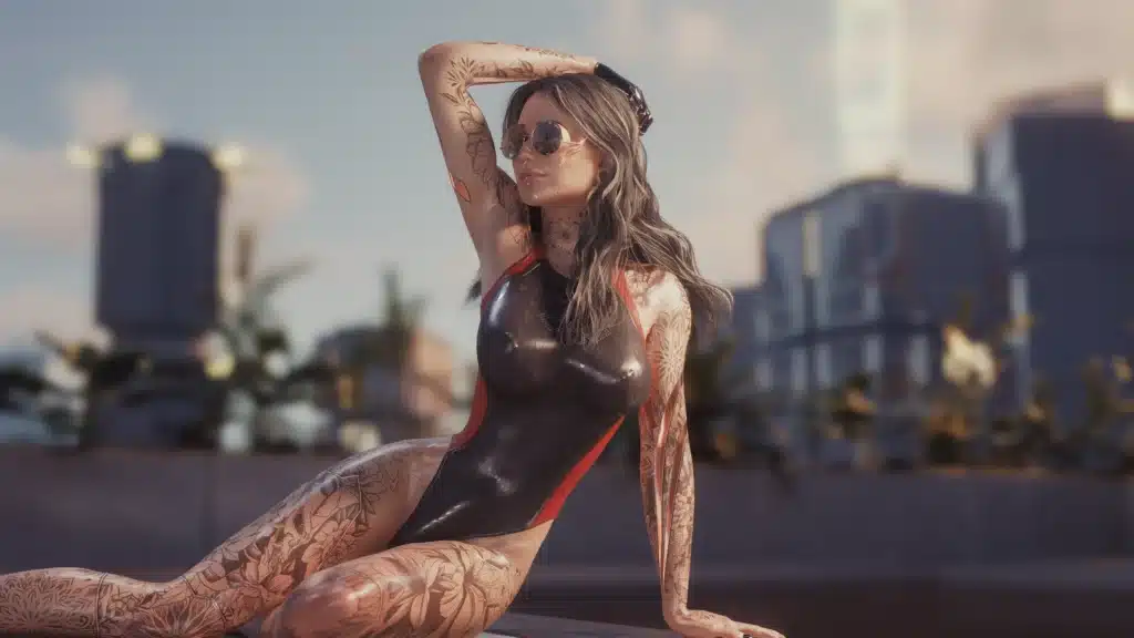 Tattooed FemV character wearing black and red competition swimsuit posing in Cyberpunk 2077