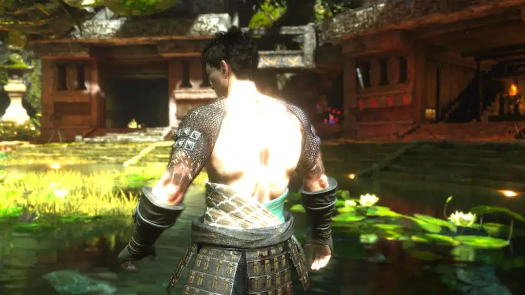 Back view of Ferryman robes mod armor redesign in Nioh 3 temple environment