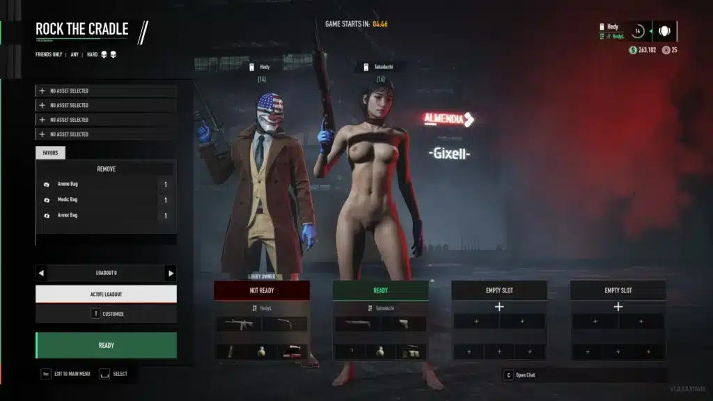 Multiplayer lobby screen in Payday 3 with Joy character model replacer active