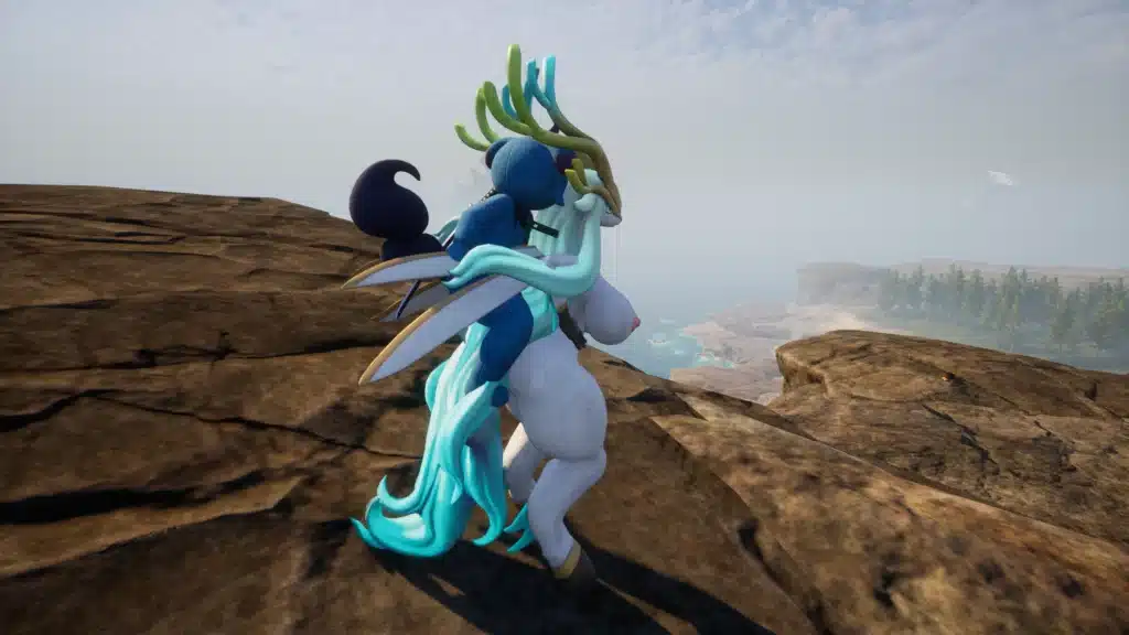 Rear view of Nude Hartalis overlooking Palworld valley NSFW mod