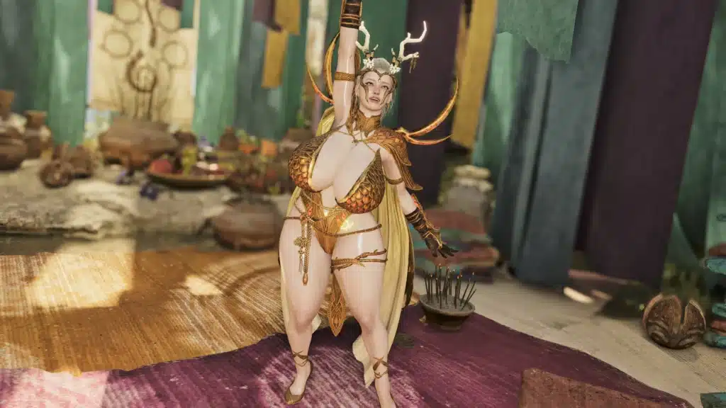 Monster Hunter Wilds Sorceress Laufey NSFW mod pose showing detailed armor and character model
