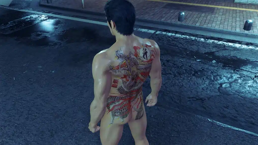 Kiryu nude mod showing back tattoo and detailed textures in Yakuza Kiwami 3