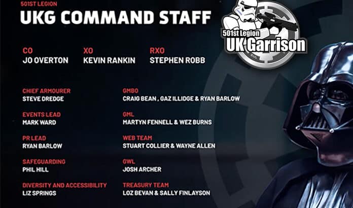 501st Legion UK Garrison 2026–2027 Command Staff announcement graphic featuring Darth Vader and leadership team list