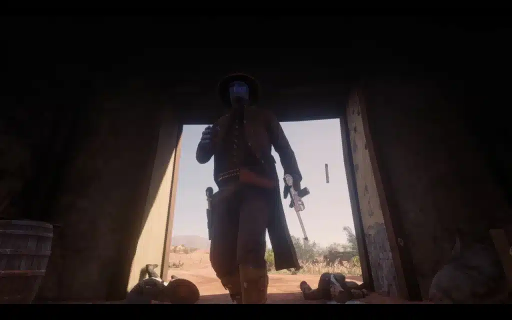 Cad Bane walking through a saloon doorway in Red Dead Redemption 2