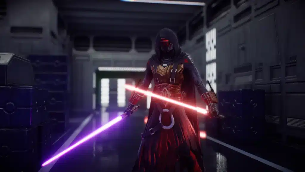Revan Reborn skin holding red and purple lightsabers inside Imperial corridor Battlefront II