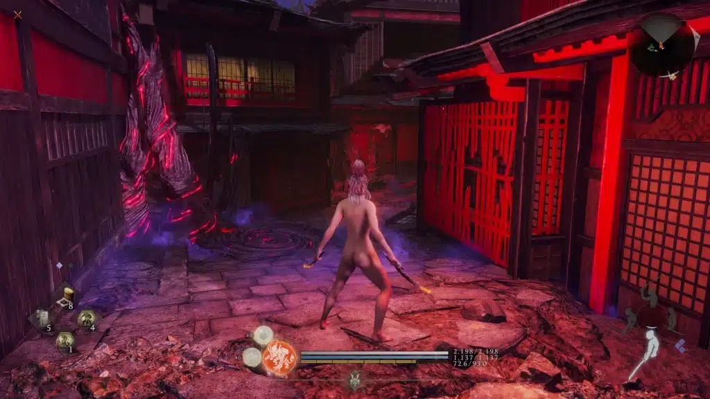 Nioh 3 nude mod gameplay combat stance in demonic village setting