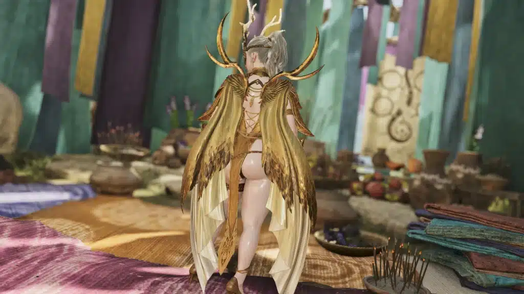 Monster Hunter Wilds Sorceress Laufey NSFW mod rear view with fantasy armor and wing details