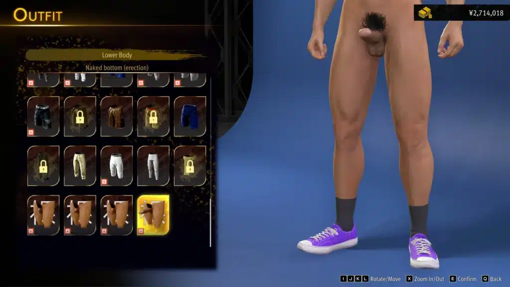 Yakuza Kiwami 3 naked Kiryu mod outfit selection menu with nude body options