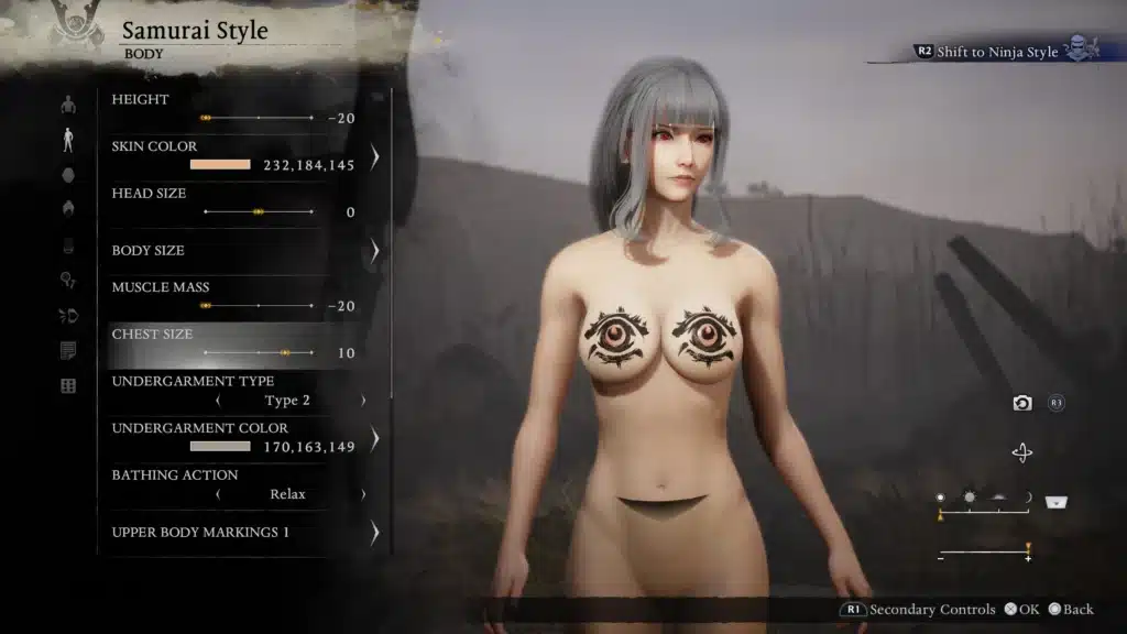 Nioh 3 character creator menu with nude vanilla body shape mod enabled and slider customization