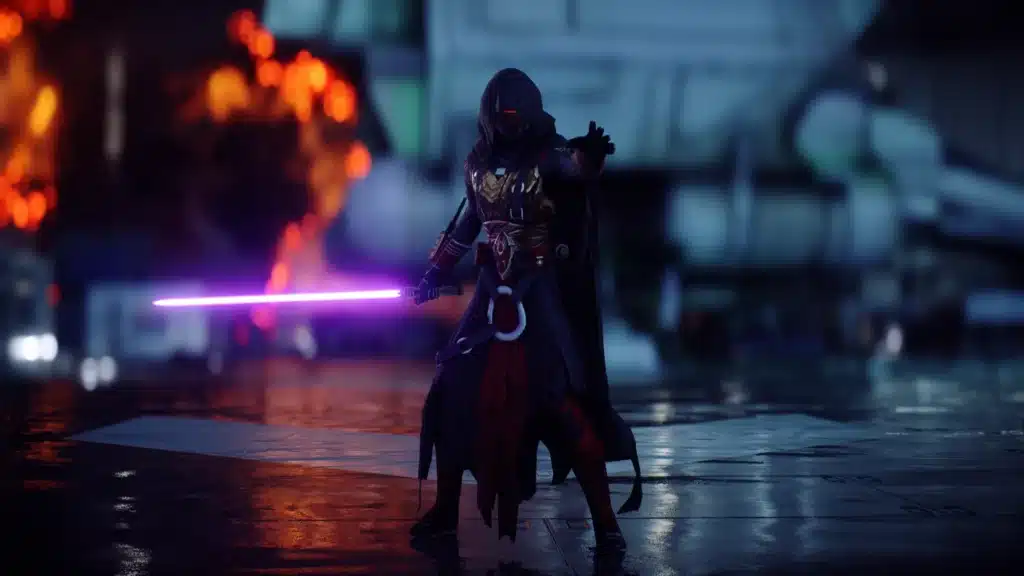 Dark Revan skin extending hand with purple lightsaber in Battlefront II