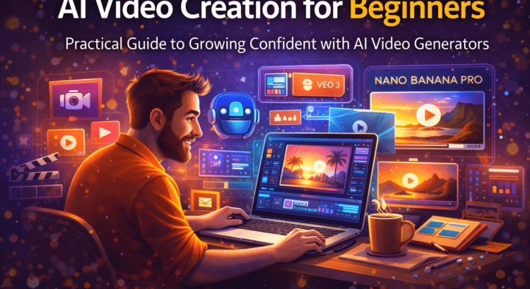 Beginner using AI video generator tools on a laptop with multiple video creation interfaces and AI assistant icons