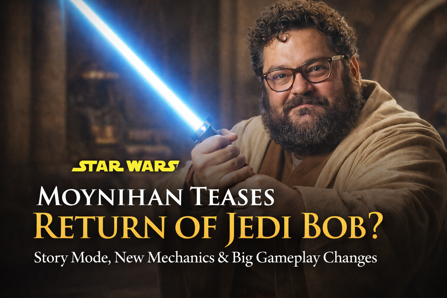 Bobby Moynihan as Jedi Bob holding a blue lightsaber in a cinematic Star Wars themed promotional image teasing his possible return