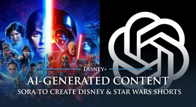 Star Wars characters beside OpenAI logo in banner about Disney+ using AI-generated content with Sora