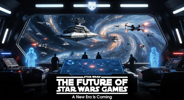 The future of Star Wars games cinematic header showing galactic battle and command center