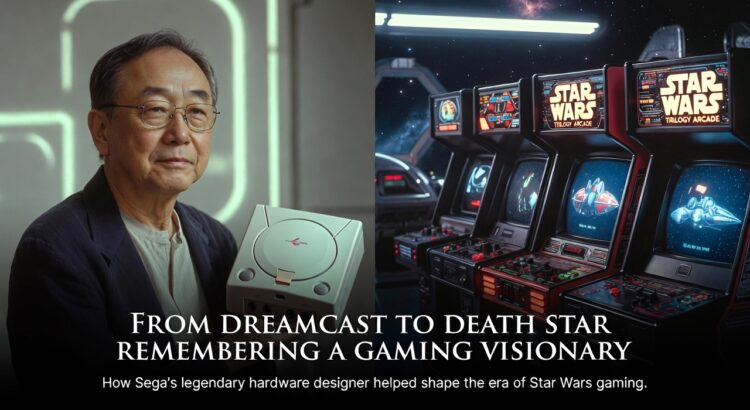 Hideki Sato tribute image featuring Dreamcast console and classic Star Wars arcade machines representing his gaming legacy