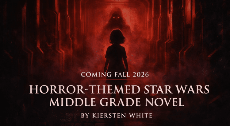 Dark horror-style Star Wars scene with a young girl facing a shadowy presence in a red-lit corridor