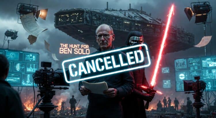 Steven Soderbergh reading a script beside Kylo Ren on a Star Wars film set with “The Hunt for Ben Solo” cancelled sign