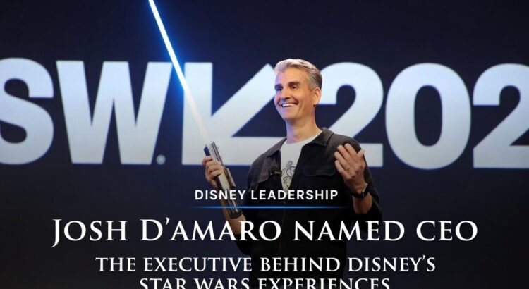 Josh D’Amaro holding a realistic lightsaber on stage during a Star Wars presentation