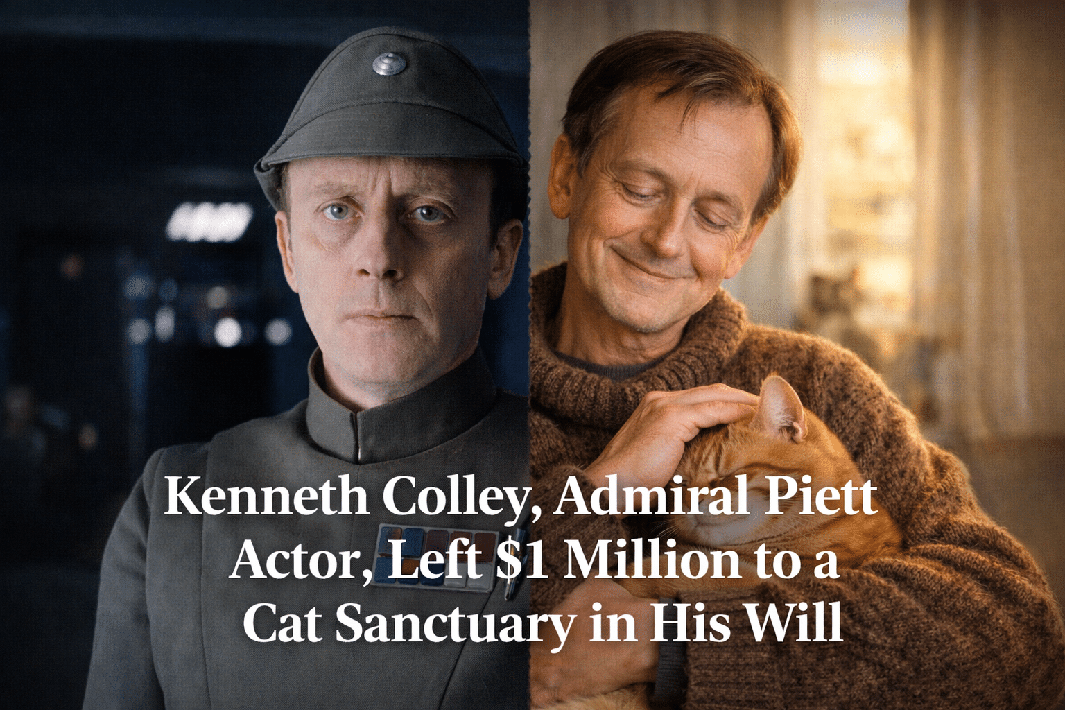 Kenneth Colley as Admiral Piett contrasted with a warm portrait holding a cat