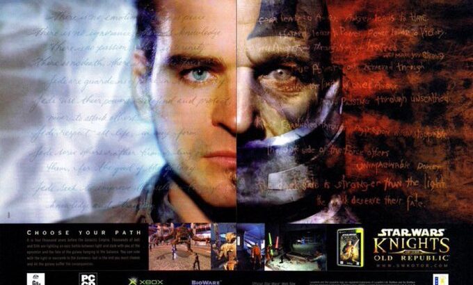 2003 Knights of the Old Republic Choose Your Path advertisement showing split Light Side and Dark Side face representing Revan’s moral choice