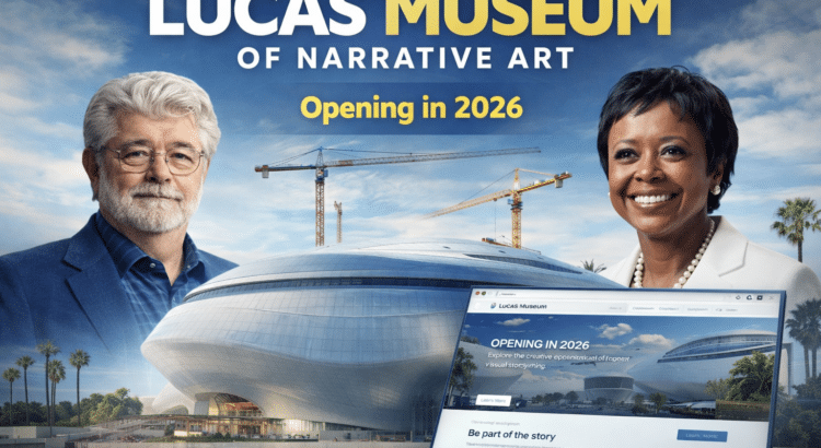 Lucas Museum of Narrative Art promotional image showing museum building, George Lucas and Mellody Hobson with redesigned website preview and 2026 opening details