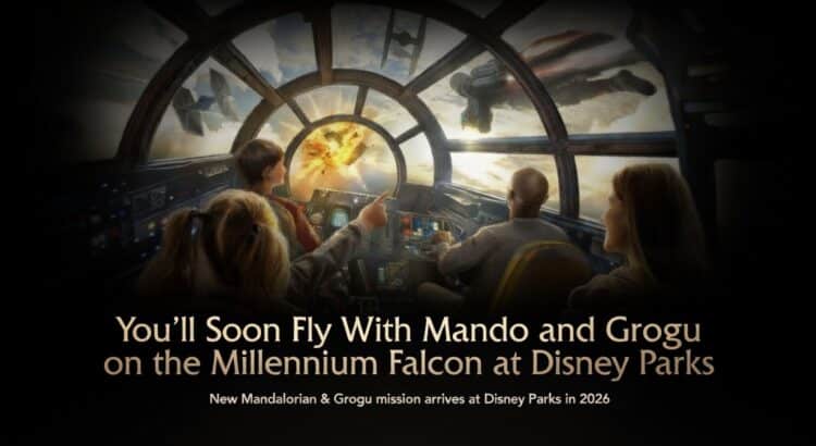 Millennium Falcon cockpit at Disney Parks with Mandalorian and Grogu mission announcement 2026