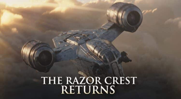 Razor Crest starship flying through clouds with headline “The Razor Crest Returns”