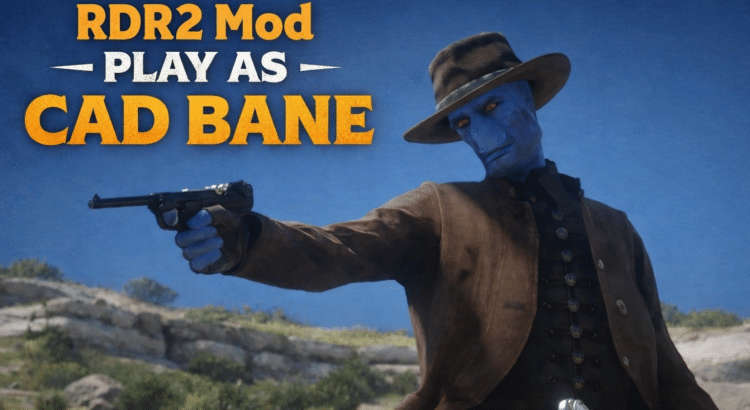 Cad Bane character mod in Red Dead Redemption 2 aiming a revolver in a western landscape