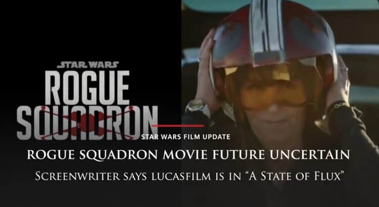 Rogue Squadron movie banner showing pilot helmet scene and film update headline