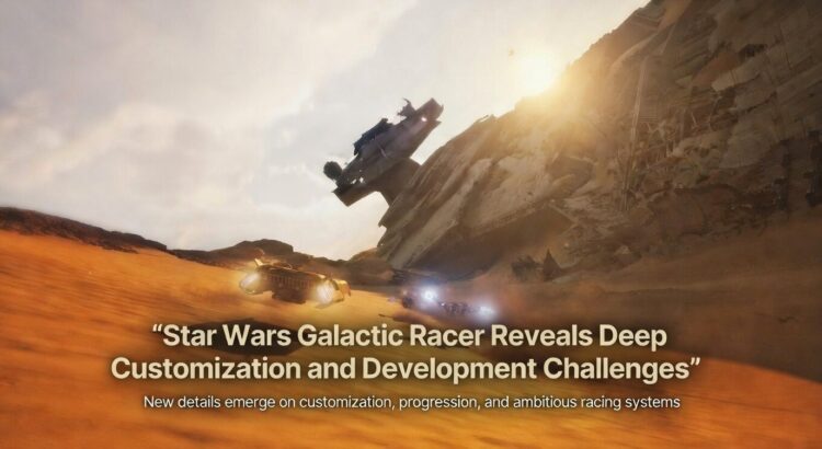 Star Wars Galactic Racer concept showing high-speed speeder race across desert with crashed Star Destroyer and cinematic sunlight