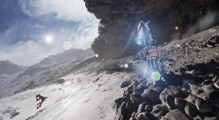Star Wars Galactic Racer snow canyon race scene with speeder flying through rocky mountain terrain