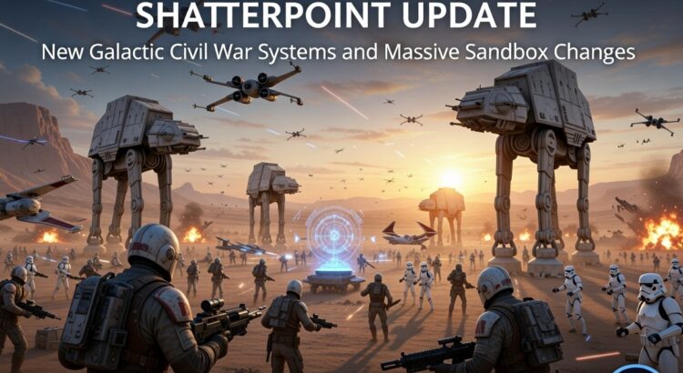 Star Wars Galaxies Restoration Shatterpoint update featuring a large-scale Galactic Civil War battlefield with walkers, starfighters and PvP combat