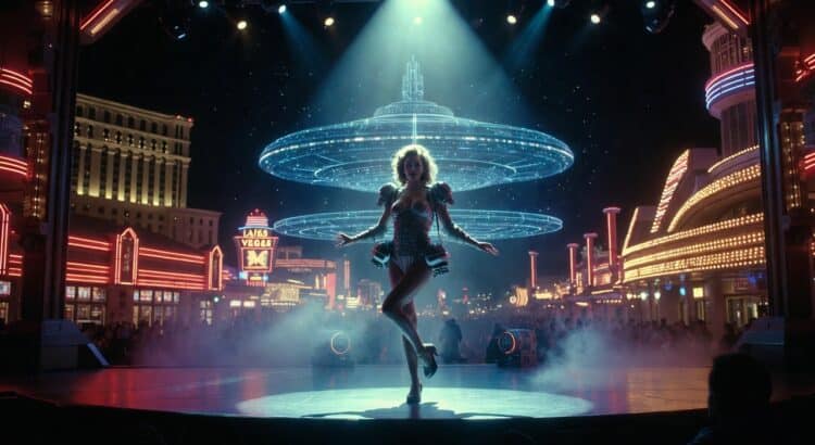 Futuristic sci-fi burlesque performer on a neon lit Las Vegas stage with spaceship style lighting and crowd