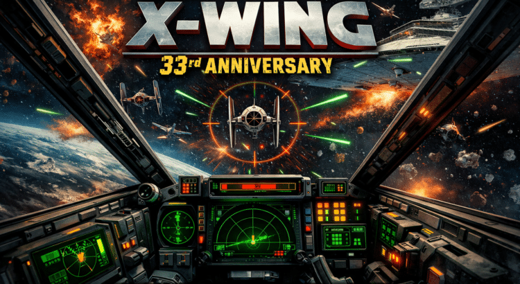 X-Wing cockpit view during a space battle with TIE Fighters and Star Destroyer, celebrating the 33rd anniversary of Star Wars X-Wing