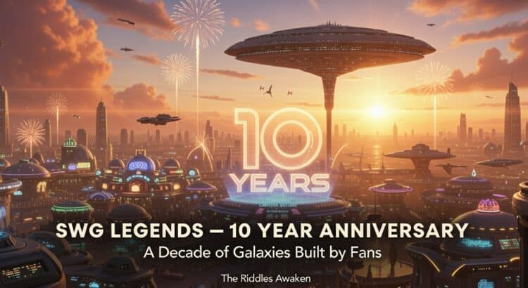 SWG Legends 10 Year Anniversary celebration cityscape with fireworks and anniversary logo