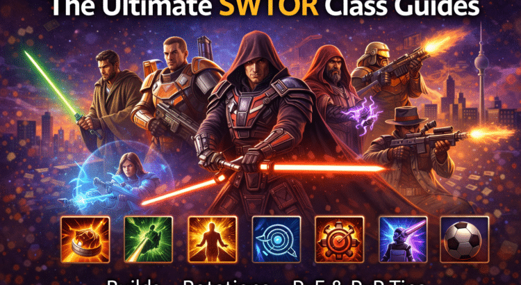 Star Wars The Old Republic characters representing different classes with lightsabers and blasters in a class guide themed illustration
