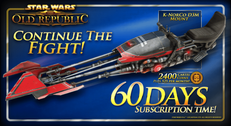 SWTOR Continue the Fight bundle featuring K-NorCo D3M mount and 60 days subscription time