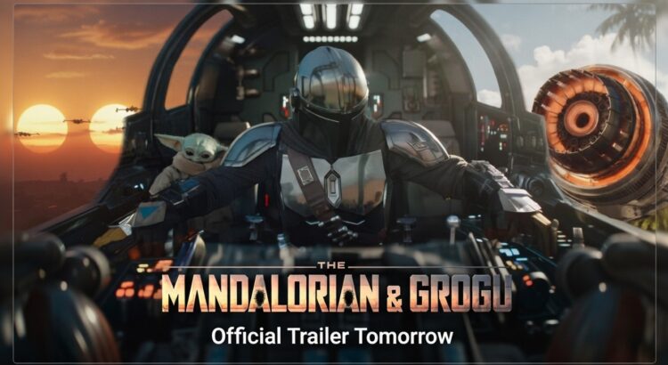 The Mandalorian and Grogu in cockpit with starships and sunset teaser for upcoming movie trailer