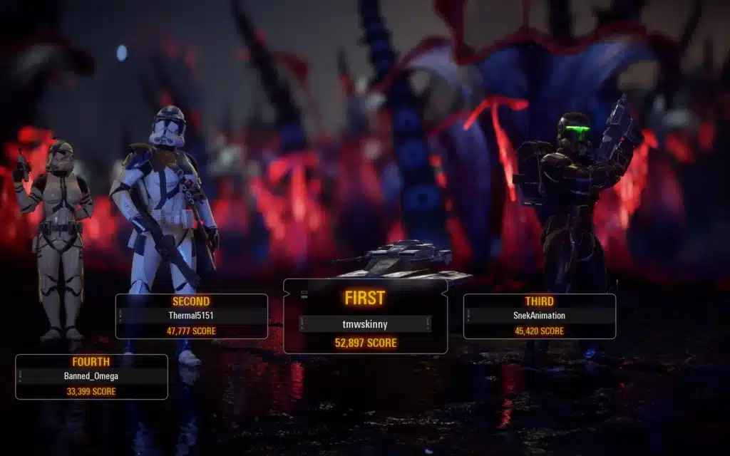 Female clone troopers on the end-of-match podium in Star Wars Battlefront II (2017) mod showcase