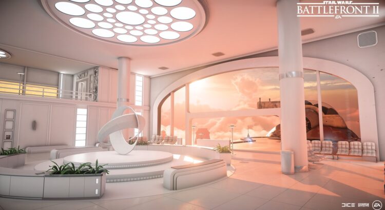Star Wars Battlefront II Administrator’s Palace interior on Bespin with bright white futuristic architecture
