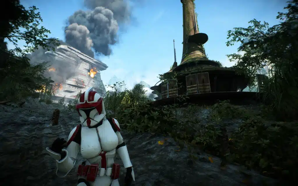 Female clone trooper in a jungle battlefield environment in Star Wars Battlefront II (2017)