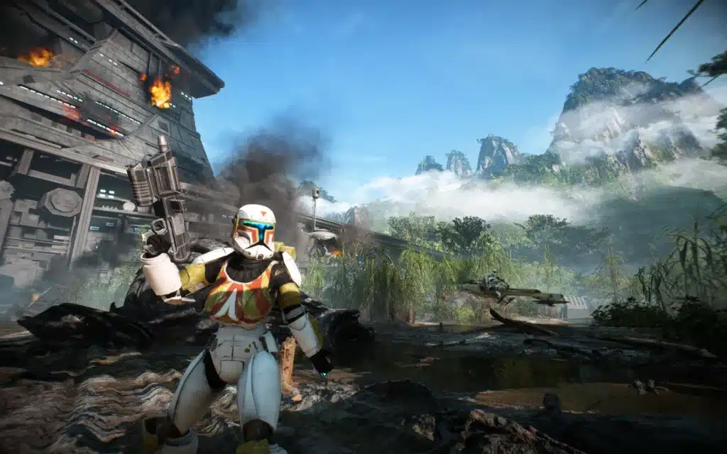 Female clone trooper aiming a blaster in Star Wars Battlefront II (2017) with the Female Clones mod enabled