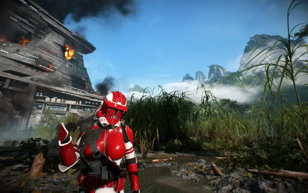 Red armored female clone trooper in a wide battlefield scene in Star Wars Battlefront II (2017)